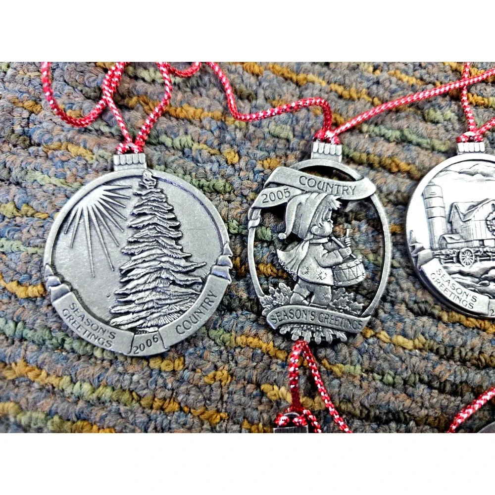Set of 11 Country Promotional Pewter Christmas Ornament 1.75in Seasons Greetings